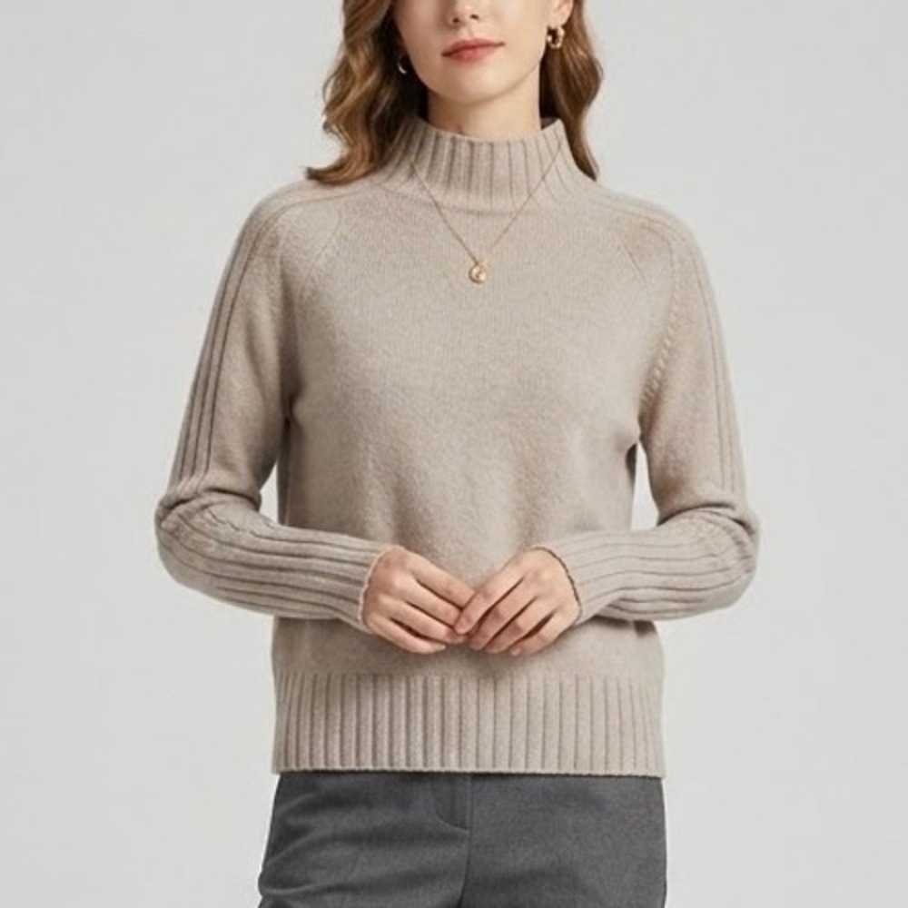 360Cashmere Allison Mock Neck Sweater 100% Cashmere Beige Ribbed Trim Medium
